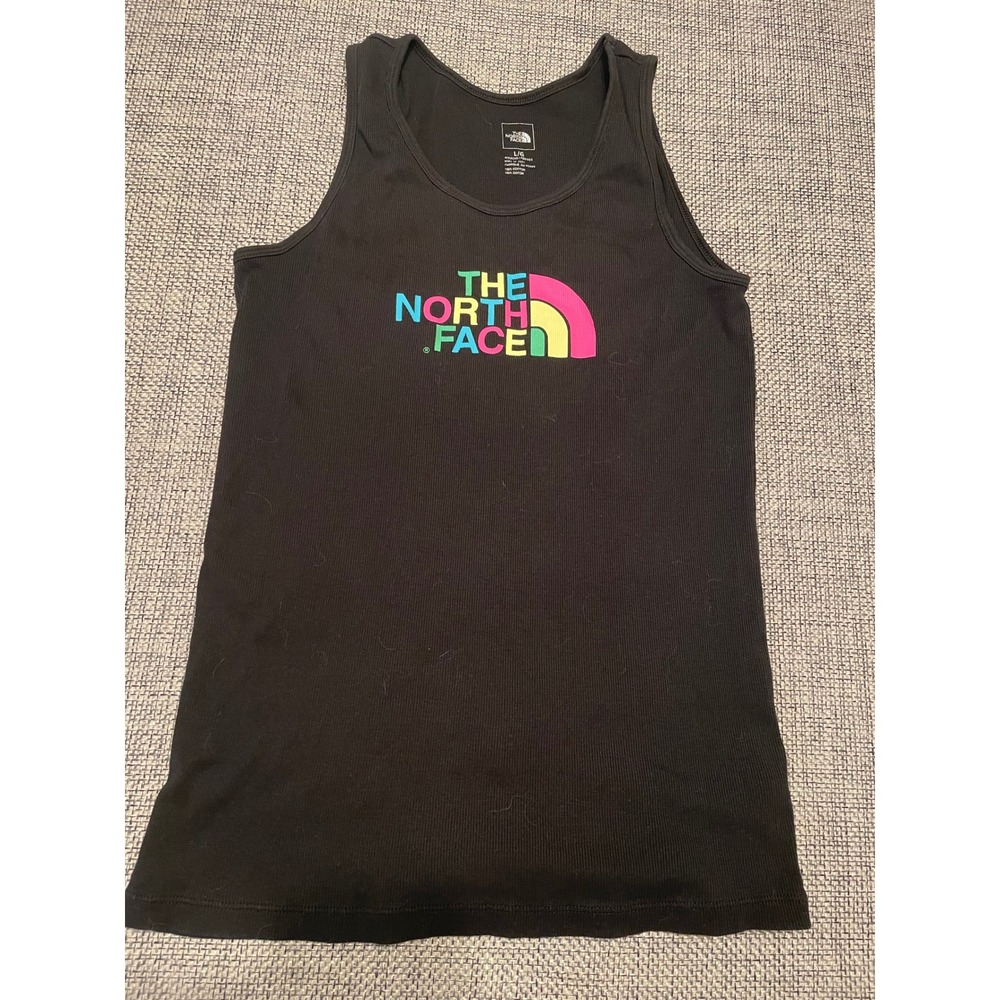 The North Face Womens Black Ribbed Tank Top Neon Logo Graphic Size L